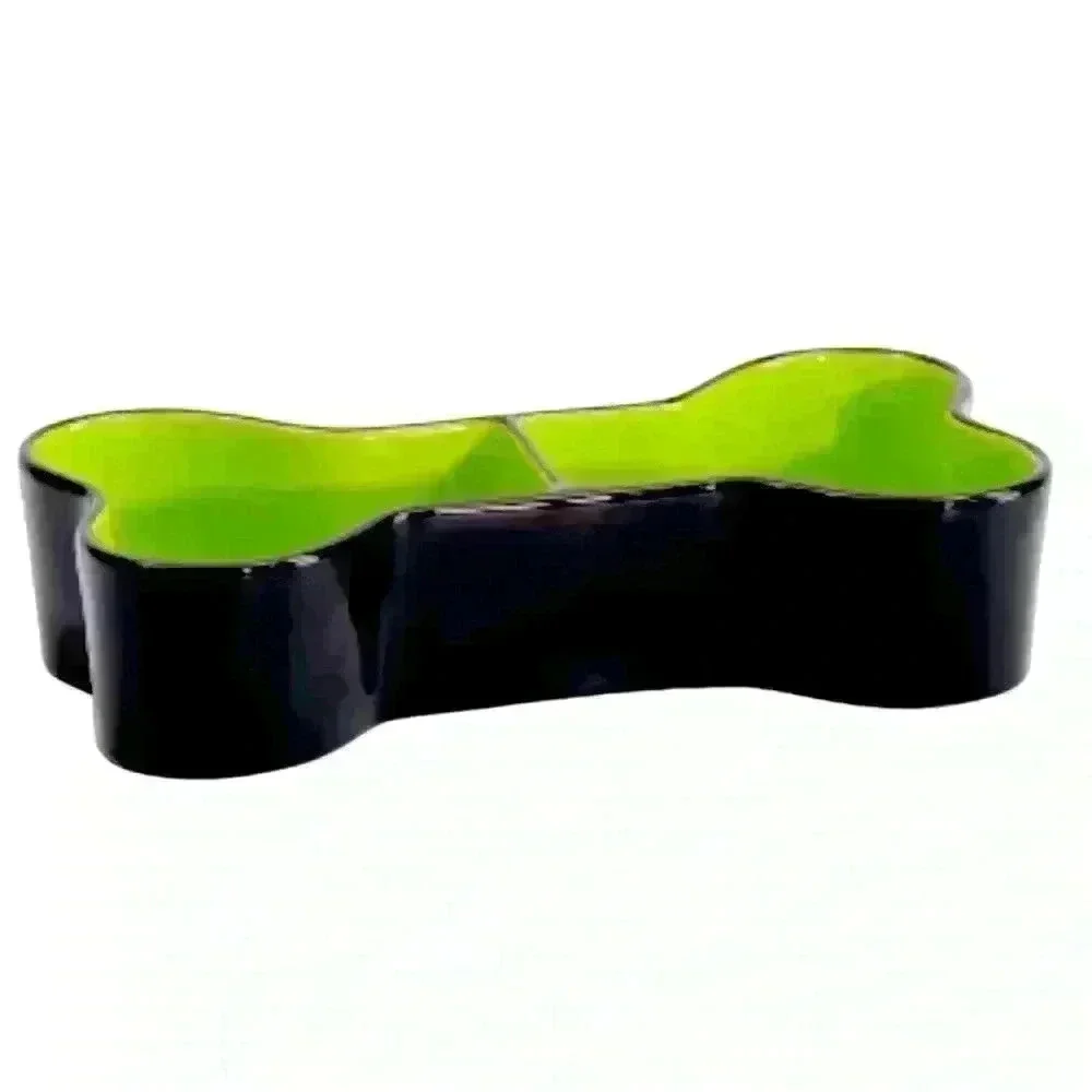 NEW Rae Dunn -BREW & GRUEL - Glazed Ceramic Dual Pet Bowl/DISH 💚🖤